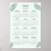 2026 Kalender Boho Floral Esthetische Munt Groen Poster (Voorkant)