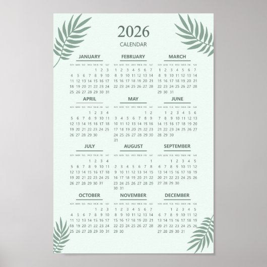 2026 Kalender Boho Floral Esthetische Munt Groen Poster (Voorkant)
