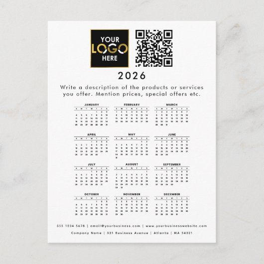 2026 Kalender Business Logo Contactgegevens QR-cod Briefkaart (Voorkant)
