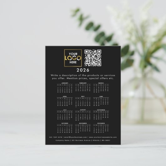 2026 Kalender Business Logo Contactgegevens QR-cod Briefkaart (Staand voorkant)