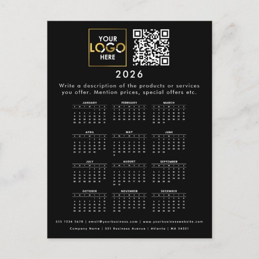 2026 Kalender Business Logo Contactgegevens QR-cod Briefkaart (Voorkant)
