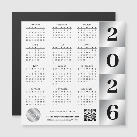 2026 Kalender Business Logo QR Code Chrome Silver (Voorkant / Achterkant)