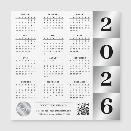 2026 Kalender Business Logo QR Code Chrome Silver (Voorkant)
