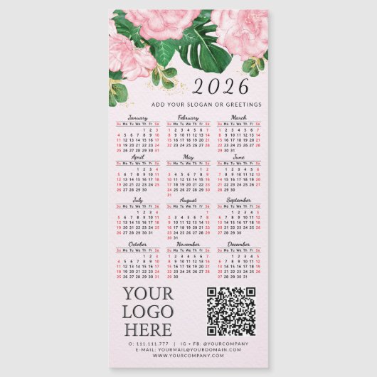 2026 Kalender Business Logo QR Code Roze Bloemen (Voorkant)