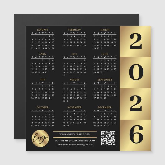 2026 Kalender Business Logo QR Code Zwart & Goud (Voorkant / Achterkant)