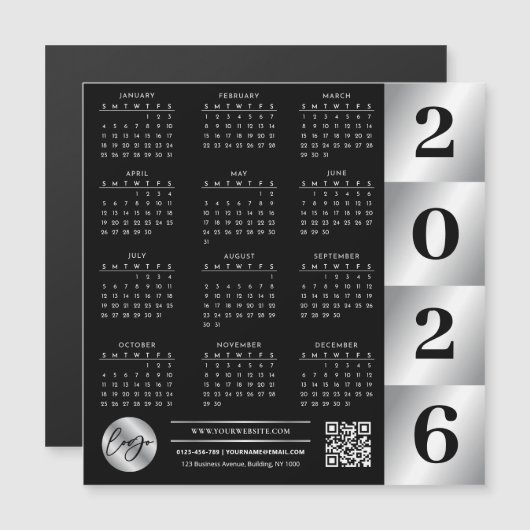 2026 Kalender Business Logo QR Code Zwart & Zilver (Voorkant / Achterkant)