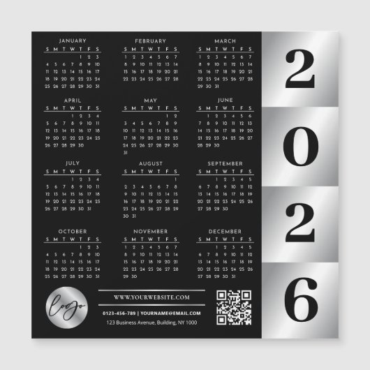 2026 Kalender Business Logo QR Code Zwart & Zilver (Voorkant)