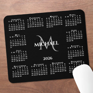 2026 Kalender Chic Monogram Naam op Zwart Muismat