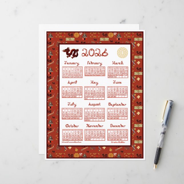 2026 Kalender Chinees Thema Rode Herhaling Stof Le (Voorkant / Achterkant in situ)