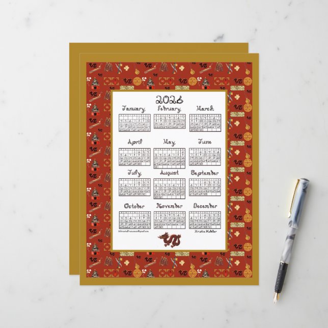 2026 Kalender Chinees Thema Rood Herhalend Stof Le (Voorkant / Achterkant in situ)