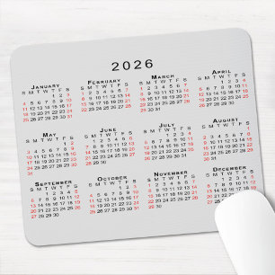 2026 Kalender Eenvoudig Grijs Zwart Rood Muismat