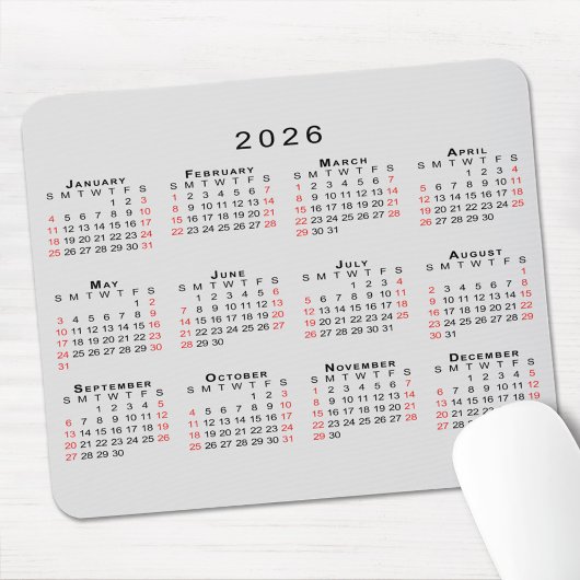 2026 Kalender Eenvoudig Grijs Zwart Rood Muismat