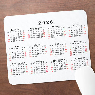 2026 Kalender Eenvoudig Wit Zwart Rood Muismat