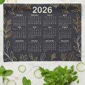 2026 Kalender Elegant Gouden Bladeren Patroon Theedoek (Gevouwen)
