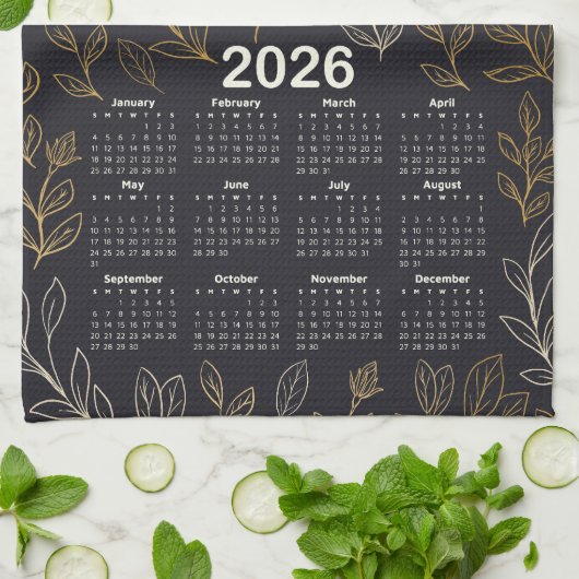 2026 Kalender Elegant Gouden Bladeren Patroon Theedoek (Gevouwen)