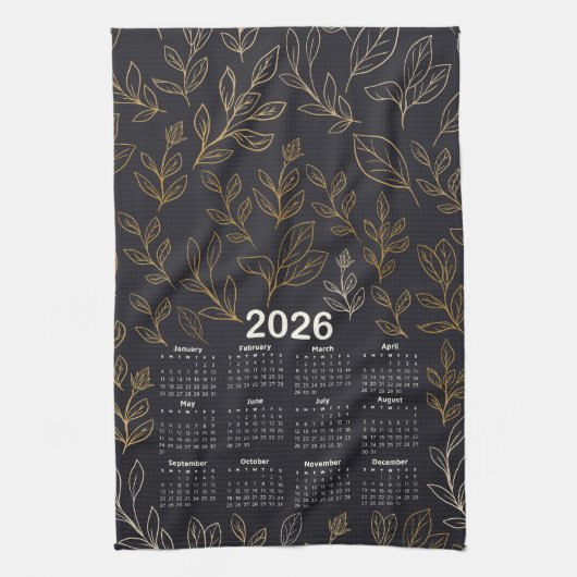 2026 Kalender Elegant Gouden Bladeren Patroon Theedoek (Verticaal)