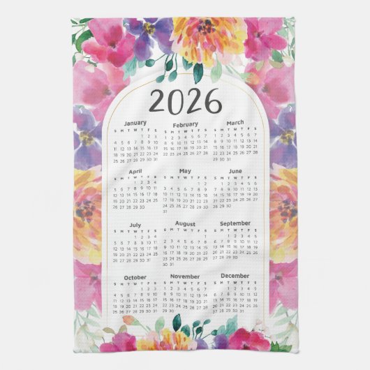 2026 Kalender Elegante Kleurrijke Bloementuin Theedoek (Verticaal)
