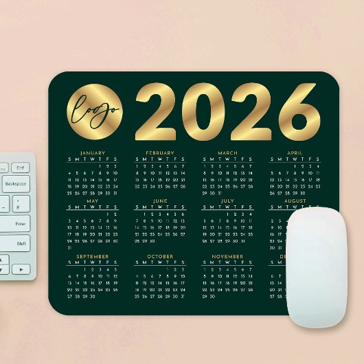 2026 Kalender Emerald Green & Gold Business Logo Muismat