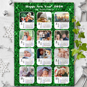 2026 Kalender Familie 12 Foto Modern Green Glitter