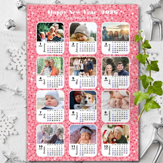2026 Kalender Familie 12 Foto Modern Roze Glitter