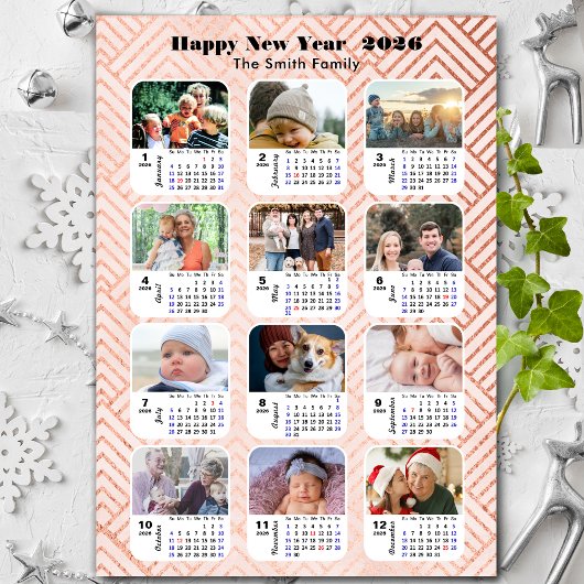 2026 Kalender Familie 12 Foto Modern Roze Glitter