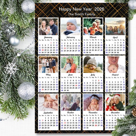 2026 Kalender Familie 12 Foto Modern Zwart Goud