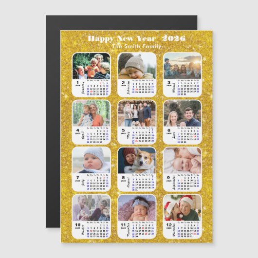 2026 Kalender Familie 12 Foto Moderne Gouden Glitt (Voorkant / Achterkant)