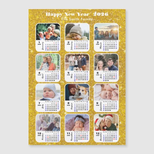 2026 Kalender Familie 12 Foto Moderne Gouden Glitt (Voorkant)