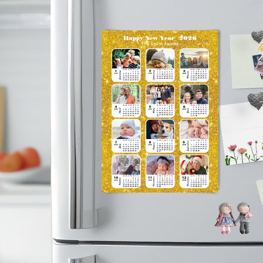 2026 Kalender Familie 12 Foto Moderne Gouden Glitt
