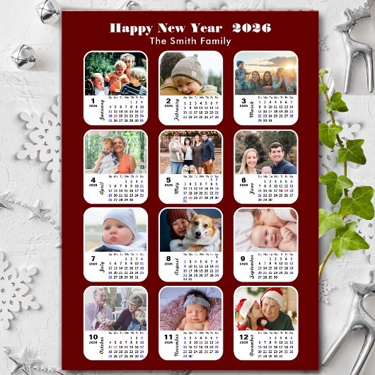 2026 Kalender Familie 12 Foto Moderne Rode Glitter