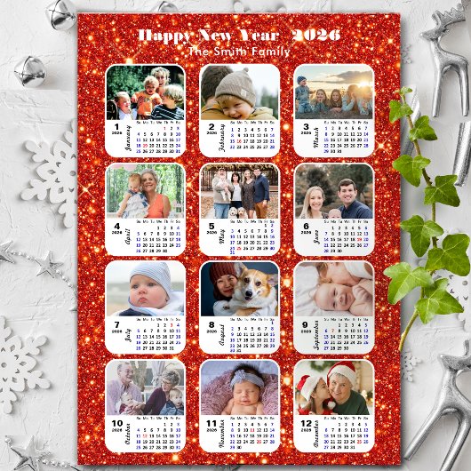 2026 Kalender Familie 12 Foto Moderne Rode Glitter
