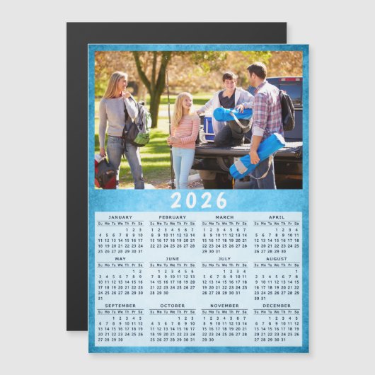 2026 Kalender Familie Foto Blauwe Koelkast Magnet (Voorkant / Achterkant)