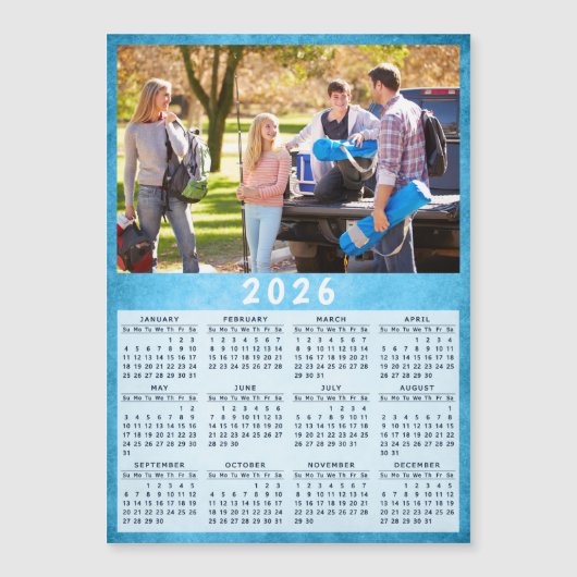 2026 Kalender Familie Foto Blauwe Koelkast Magnet (Voorkant)