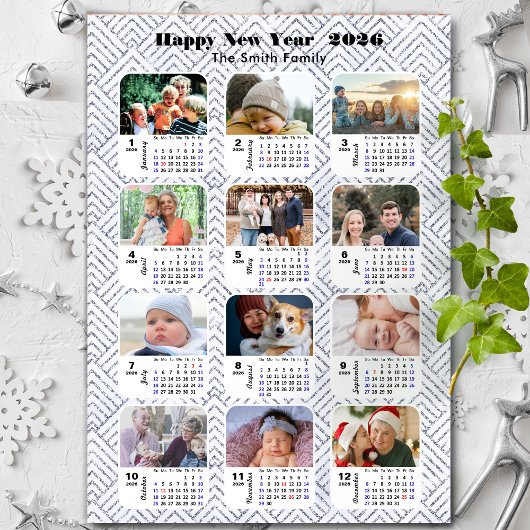 2026 Kalender Familie Foto Modern Zilver Glitter