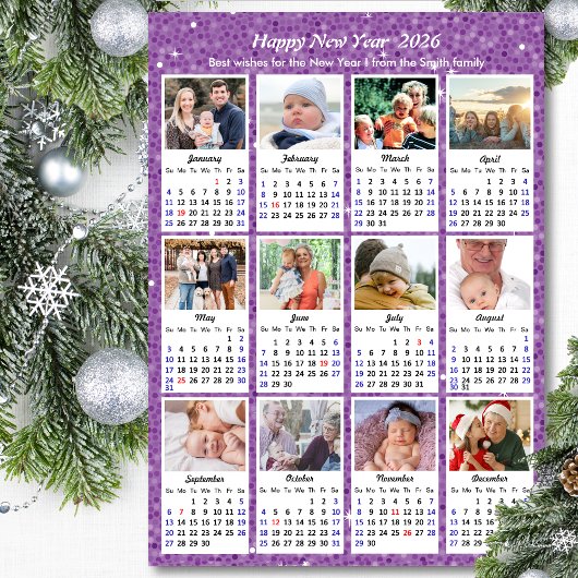 2026 Kalender Familiefoto Moderne Paarse Glitter