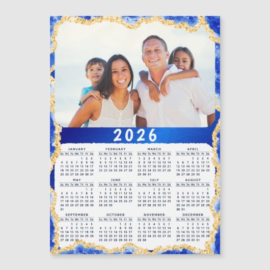 2026 Kalender Fotomagneet in Blauw en Goud Kleuren (Voorkant)