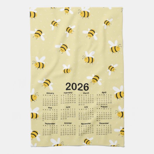 2026 Kalender Gele Honing Bumble Bee Patroon Theedoek (Verticaal)