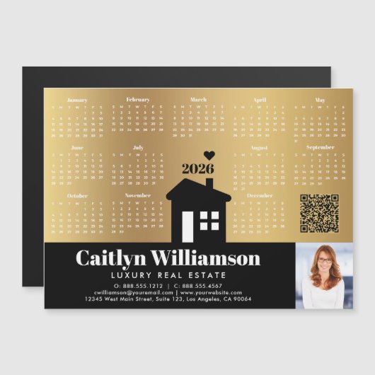 2026 Kalender Goud Realtor Foto QR Code Magnet (Voorkant / Achterkant)
