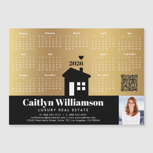 2026 Kalender Goud Realtor Foto QR Code Magnet (Voorkant)