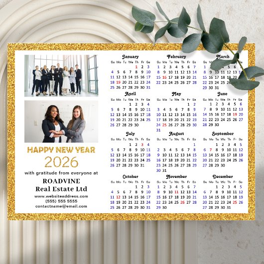 2026 Kalender Gouden Glitter Zakelijke Foto Magnet