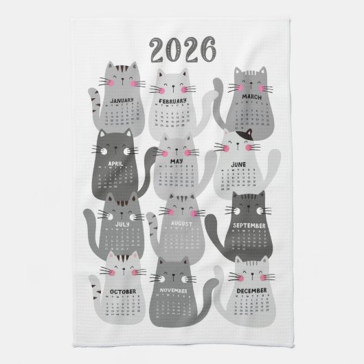 2026 Kalender grijze katten Theedoek (Verticaal)
