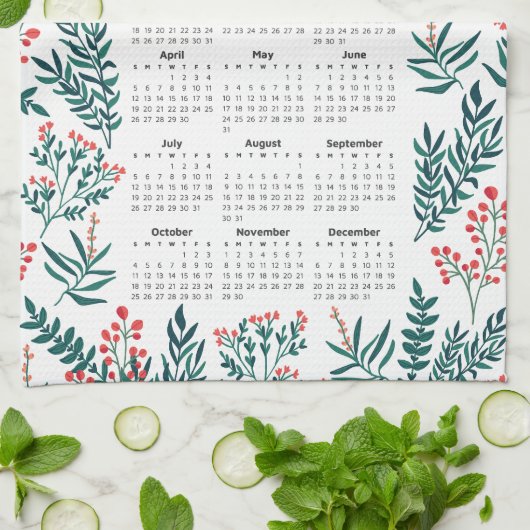 2026 Kalender Groene Bladeren en Rode Bloemen Patr Theedoek (Gevouwen)