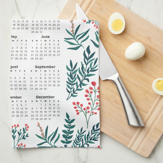 2026 Kalender Groene Bladeren en Rode Bloemen Patr Theedoek (Quarter Fold)