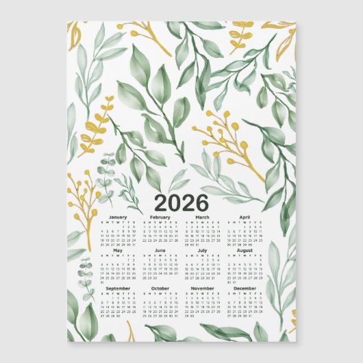 2026 Kalender Groene Bladeren & Gouden Gele Bloeme (Voorkant)