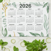 2026 Kalender Groene Bladeren & Gouden Gele Bloeme Theedoek (Gevouwen)