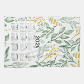 2026 Kalender Groene Bladeren & Gouden Gele Bloeme Theedoek (Horizontaal)