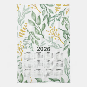 2026 Kalender Groene Bladeren & Gouden Gele Bloeme Theedoek