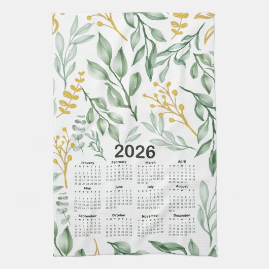 2026 Kalender Groene Bladeren & Gouden Gele Bloeme Theedoek (Verticaal)