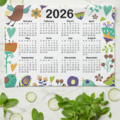 2026 Kalender Groene & Blauwe Vogels en Bloemen Theedoek (Gevouwen)