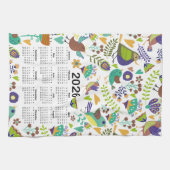 2026 Kalender Groene & Blauwe Vogels en Bloemen Theedoek (Horizontaal)
